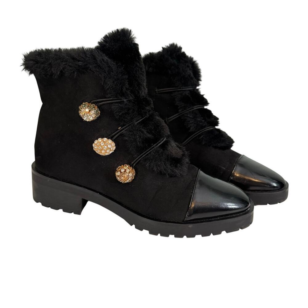 Nanette Lepore Womens 6.5M Black Jewel Buttoned Faux Fur Trim Ibiza Winter Boots